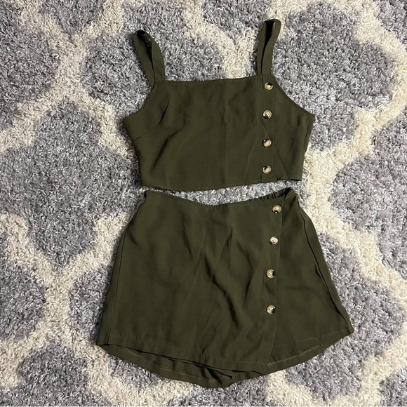 SHEIN Tops - 2 piece set - Olive green buttoned crop top skort